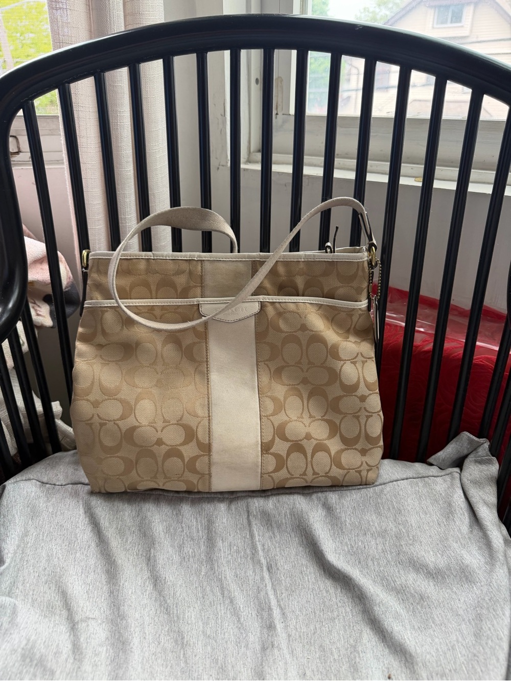 Coach Beige Signature Canvas Shoulder Bag with Chalk Trim